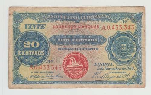1914 Mozambique Twenty Centavos Banknote