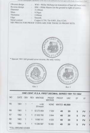 1961 FULL GROUND COVER RSA ONE CENT. MINT BY H F VERWOERD, LETTER. UNC. ONLY 20 KNOWN.