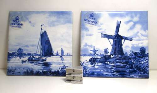 2 x Blue and White Royal Crown Delft Holland Tiles.  110 x110mm. As per Photo.