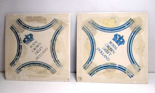 2 x Blue and White Royal Crown Delft Holland Tiles.  110 x110mm. As per Photo.