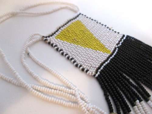 Vintage African Love Letter beaded Necklace. White, yellow and black glass beads. 300mm.