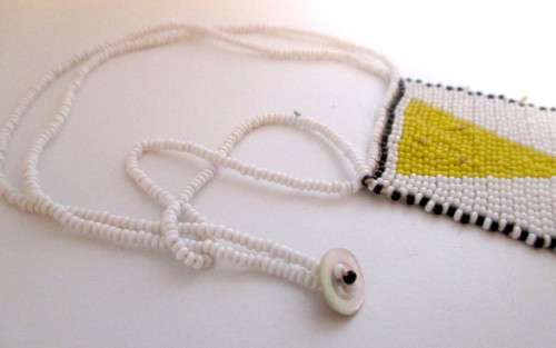 Vintage African Love Letter beaded Necklace. White, yellow and black glass beads. 300mm.