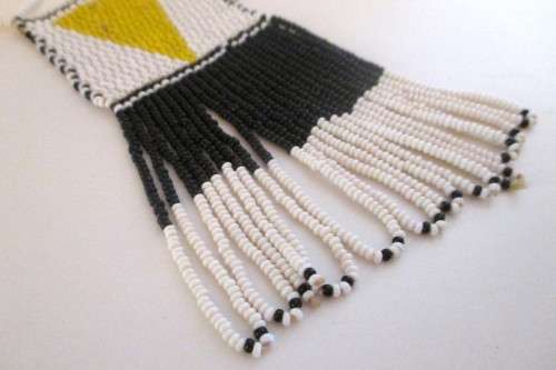 Vintage African Love Letter beaded Necklace. White, yellow and black glass beads. 300mm.