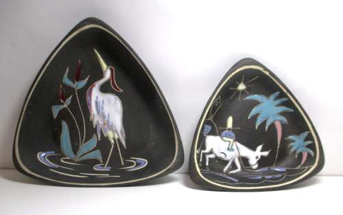 Vintage Crescent (1952-92) Ware Freeform Vase and 2 dishes - matte black with glazed paintings.