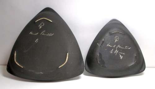 Vintage Crescent (1952-92) Ware Freeform Vase and 2 dishes - matte black with glazed paintings.