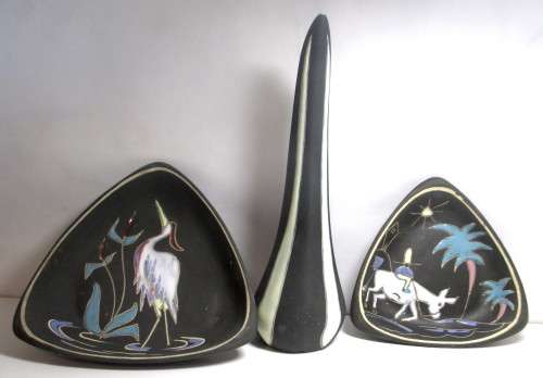 Vintage Crescent (1952-92) Ware Freeform Vase and 2 dishes - matte black with glazed paintings.