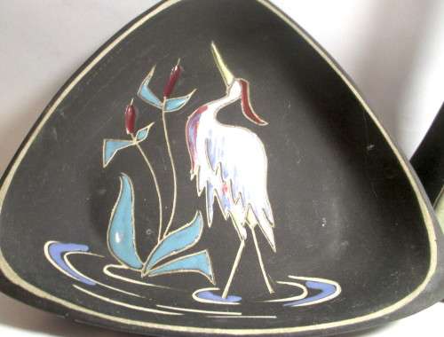 Vintage Crescent (1952-92) Ware Freeform Vase and 2 dishes - matte black with glazed paintings.