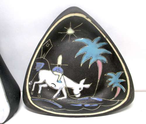 Vintage Crescent (1952-92) Ware Freeform Vase and 2 dishes - matte black with glazed paintings.