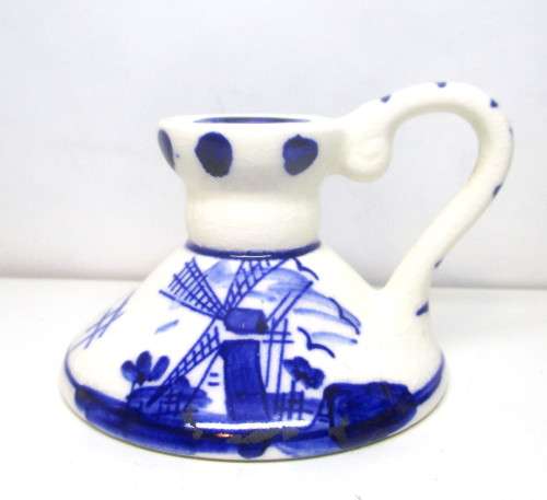 Vintage Taper Candle Holder with Handle Windmill Flowers Delft Blue Holland. 5cm high.
