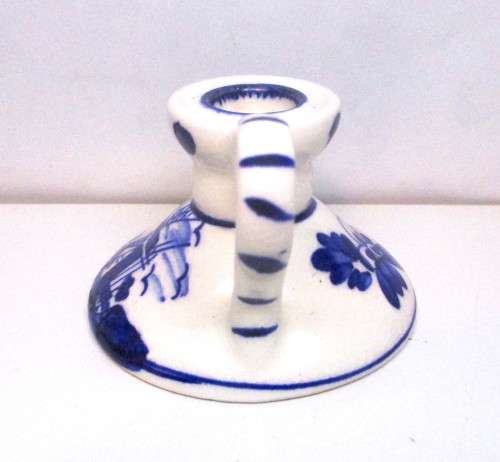 Vintage Taper Candle Holder with Handle Windmill Flowers Delft Blue Holland. 5cm high.