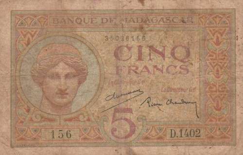Banknote Madagascar 5 Francs 1930.  As per Photo.