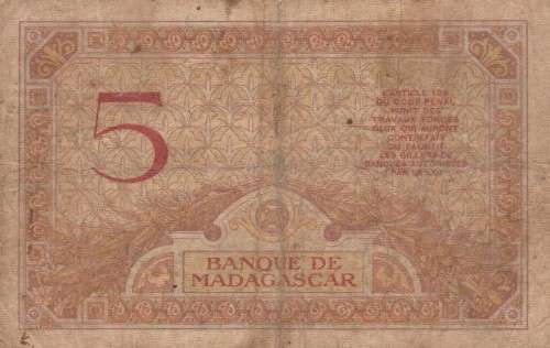 Banknote Madagascar 5 Francs 1930.  As per Photo.