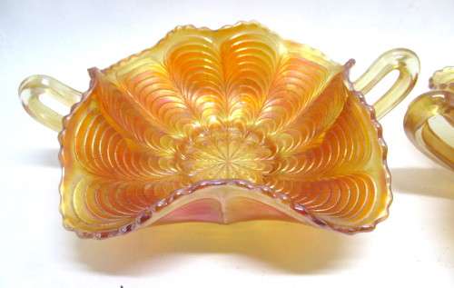 Lot of 2 Vintage Fenton Peacock Tail Marigold Carnival Glass Double Handle Bon Bon Dish. 18cm dia