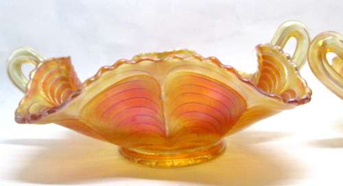 Lot of 2 Vintage Fenton Peacock Tail Marigold Carnival Glass Double Handle Bon Bon Dish. 18cm dia