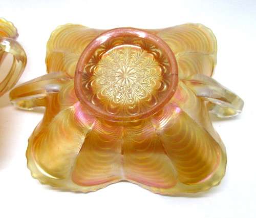 Lot of 2 Vintage Fenton Peacock Tail Marigold Carnival Glass Double Handle Bon Bon Dish. 18cm dia