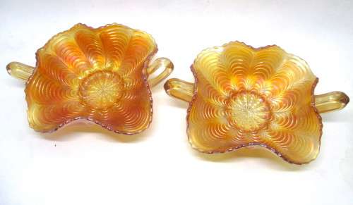 Lot of 2 Vintage Fenton Peacock Tail Marigold Carnival Glass Double Handle Bon Bon Dish. 18cm dia