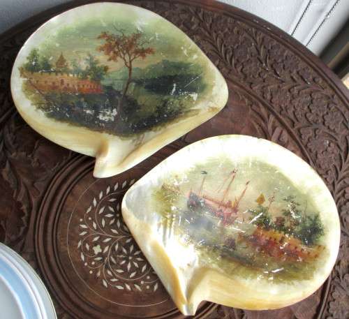 Two Antique Early 20th Cent Chinese Hand Painted Scene On Large Mother Of Pearl Shell.  25x21cm