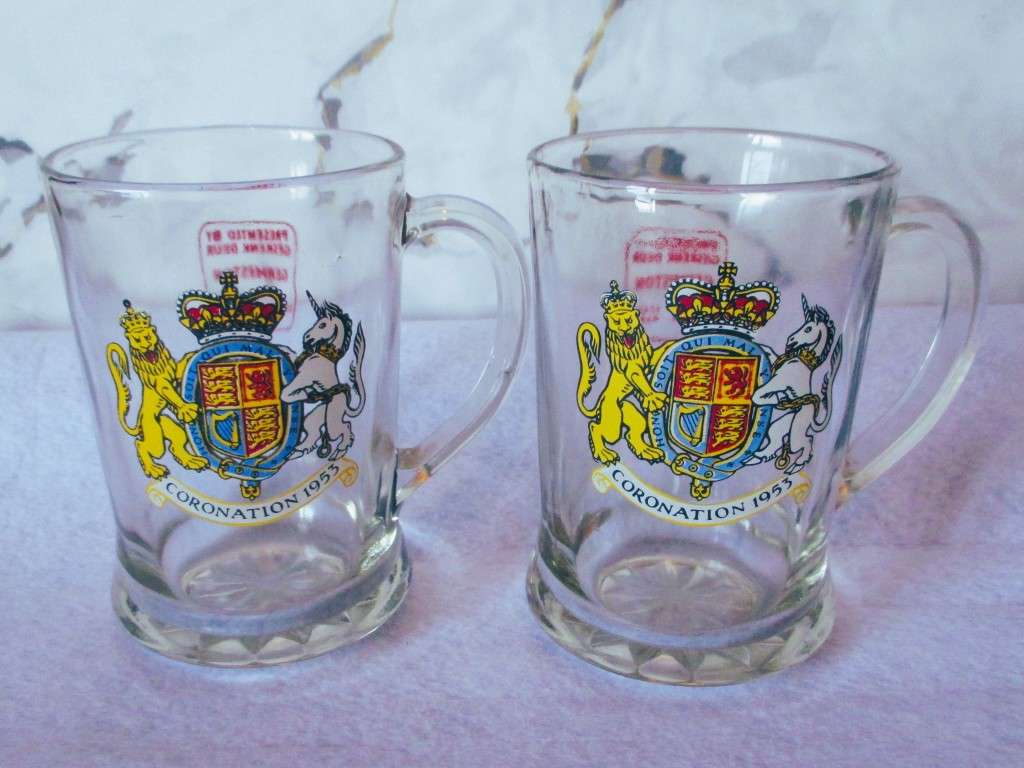 Pair of Vintage Glass Stein / Tankard , Queen Elizabeth Coronation 1953. 110mm high. Germiston City