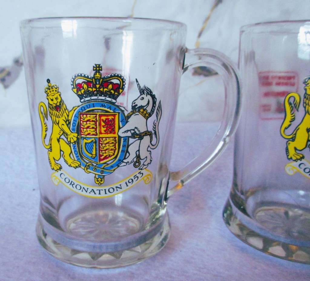 Pair of Vintage Glass Stein / Tankard , Queen Elizabeth Coronation 1953. 110mm high. Germiston City