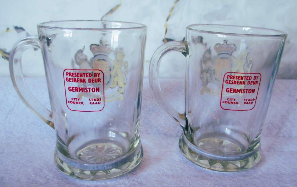 Pair of Vintage Glass Stein / Tankard , Queen Elizabeth Coronation 1953. 110mm high. Germiston City