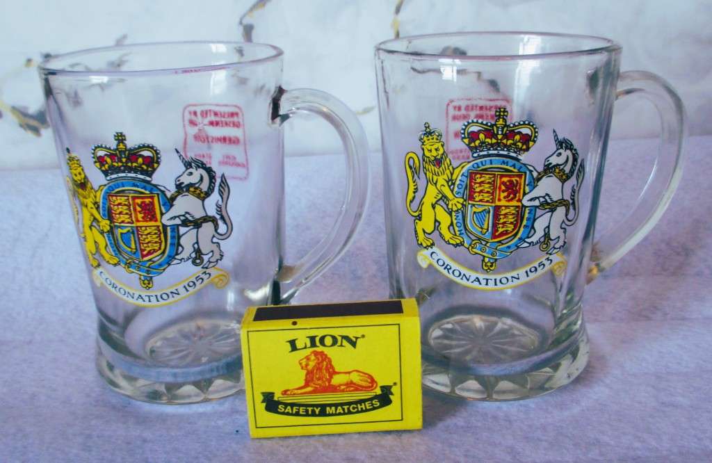 Pair of Vintage Glass Stein / Tankard , Queen Elizabeth Coronation 1953. 110mm high. Germiston City