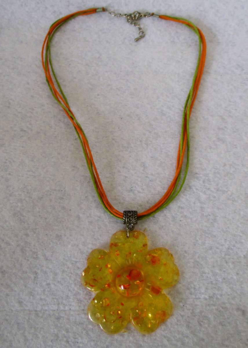 Sunny Resin Flower with leather string necklace. 40cm string 6cm diameter flower.