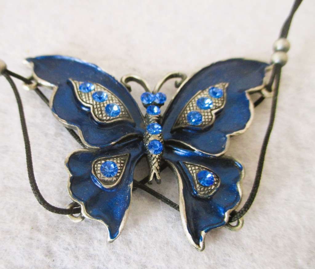 SALE R25 -Lovely Midnight Blue with Rhinestones Good Luck Pewter Butterfly necklace. 40cm.