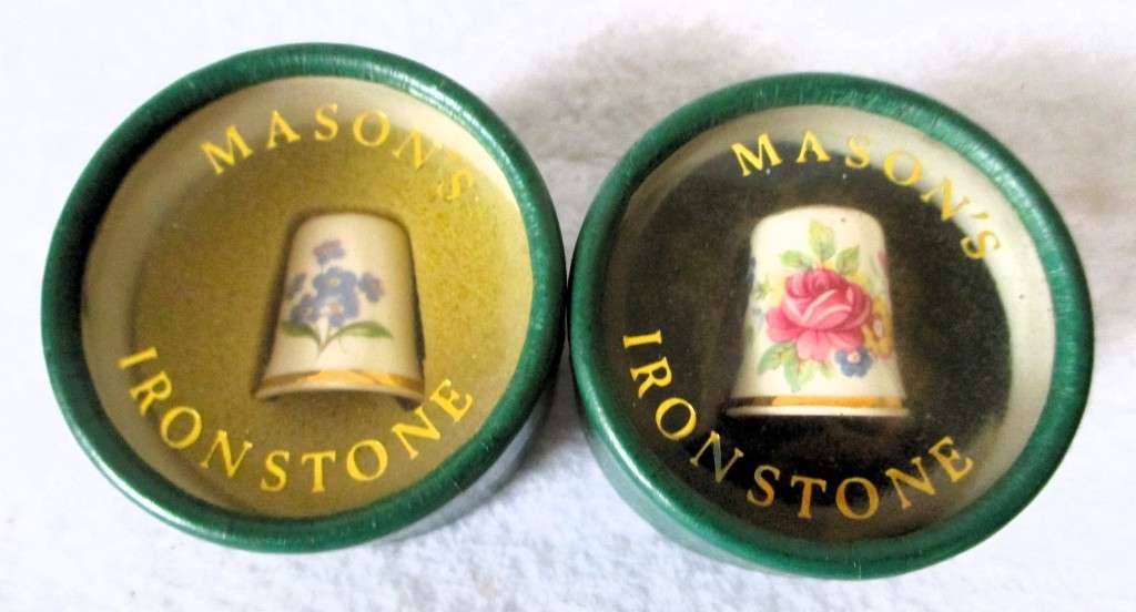 Lot of 2 Mason`s Ironstone Porcelain Thimbles in original packaging.