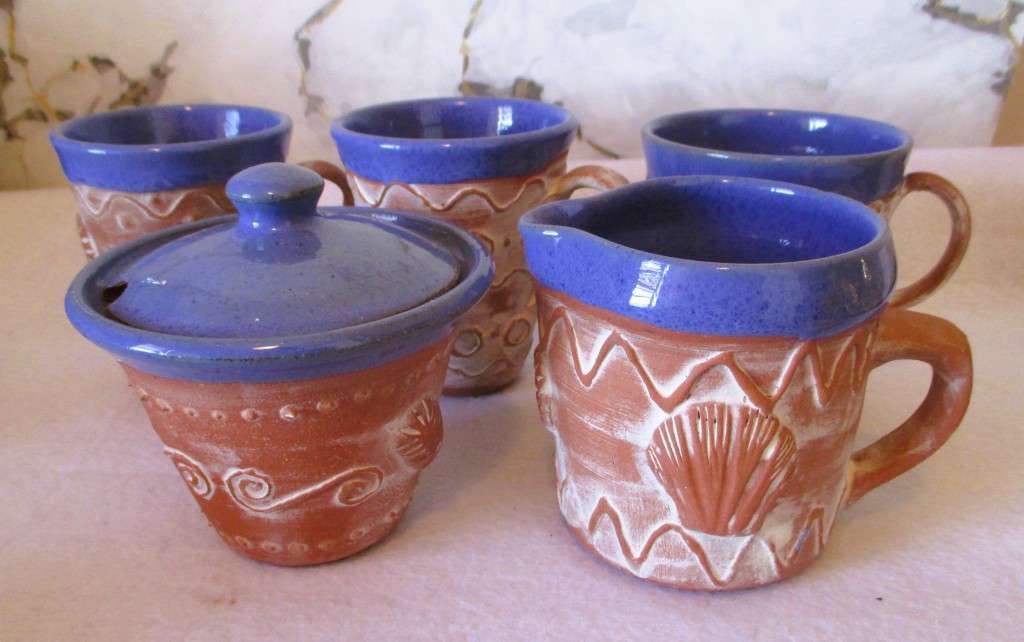 Handmade Teracotta and glazed ceramic coffee set. 3 mugs. Ocean theme. As per photo.