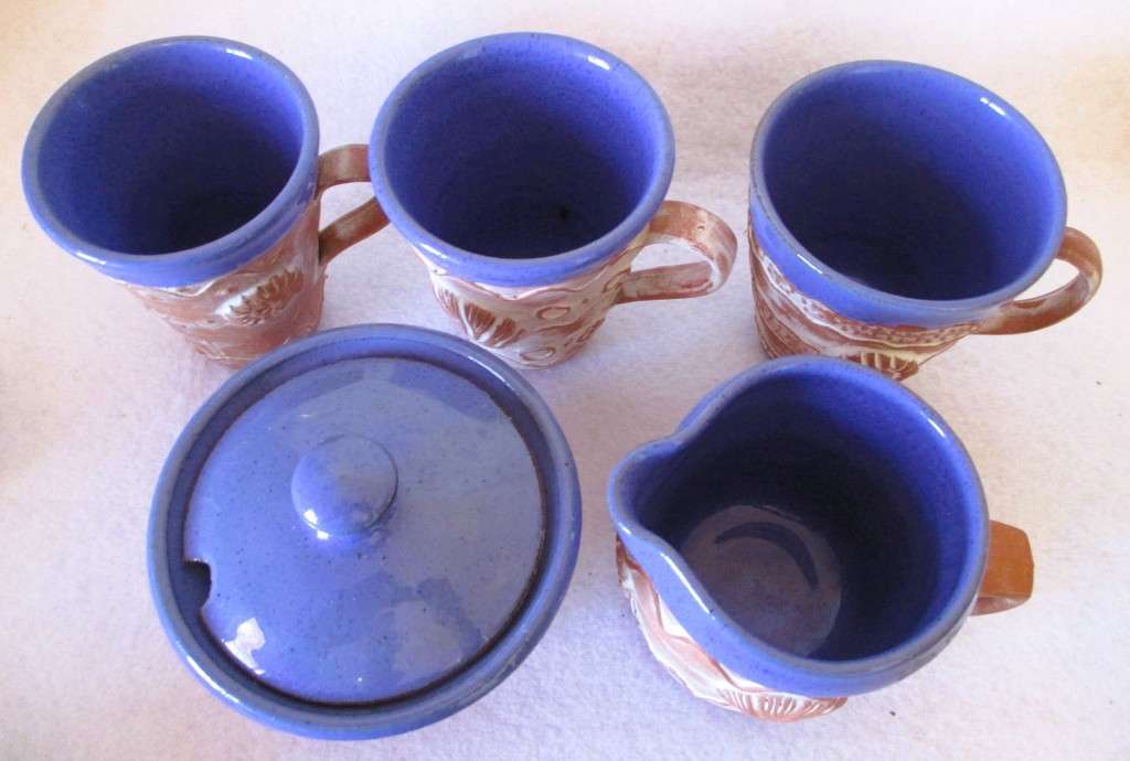 Handmade Teracotta and glazed ceramic coffee set. 3 mugs. Ocean theme. As per photo.