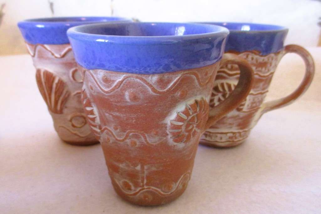 Handmade Teracotta and glazed ceramic coffee set. 3 mugs. Ocean theme. As per photo.