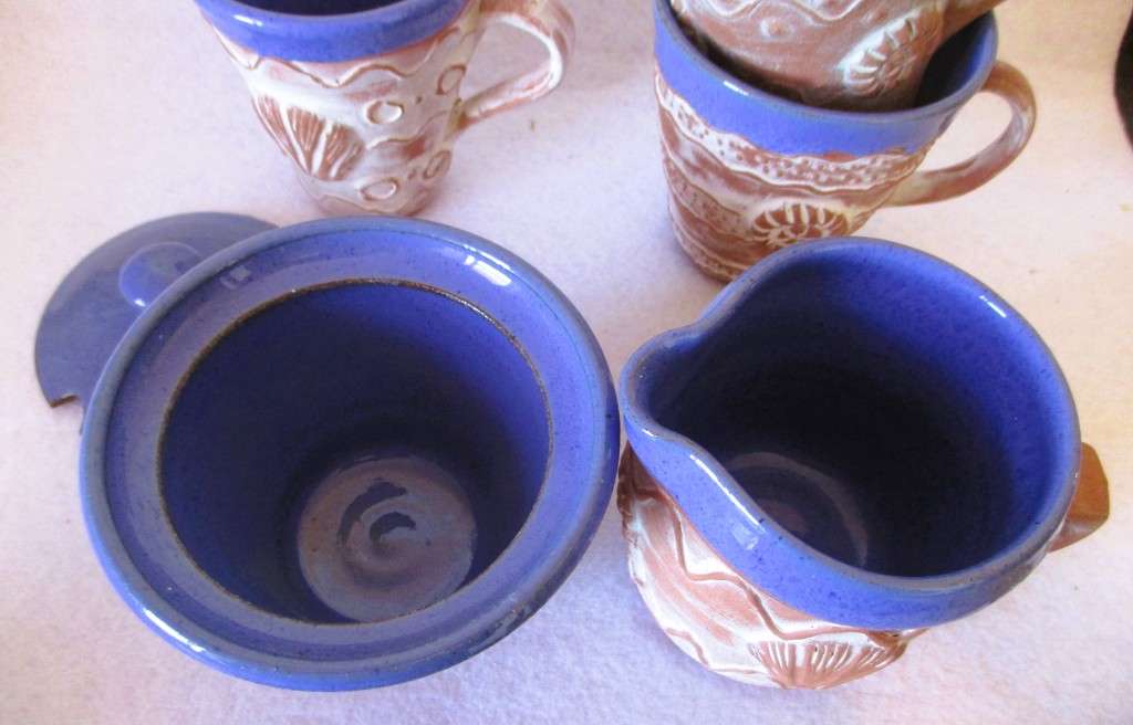 Handmade Teracotta and glazed ceramic coffee set. 3 mugs. Ocean theme. As per photo.