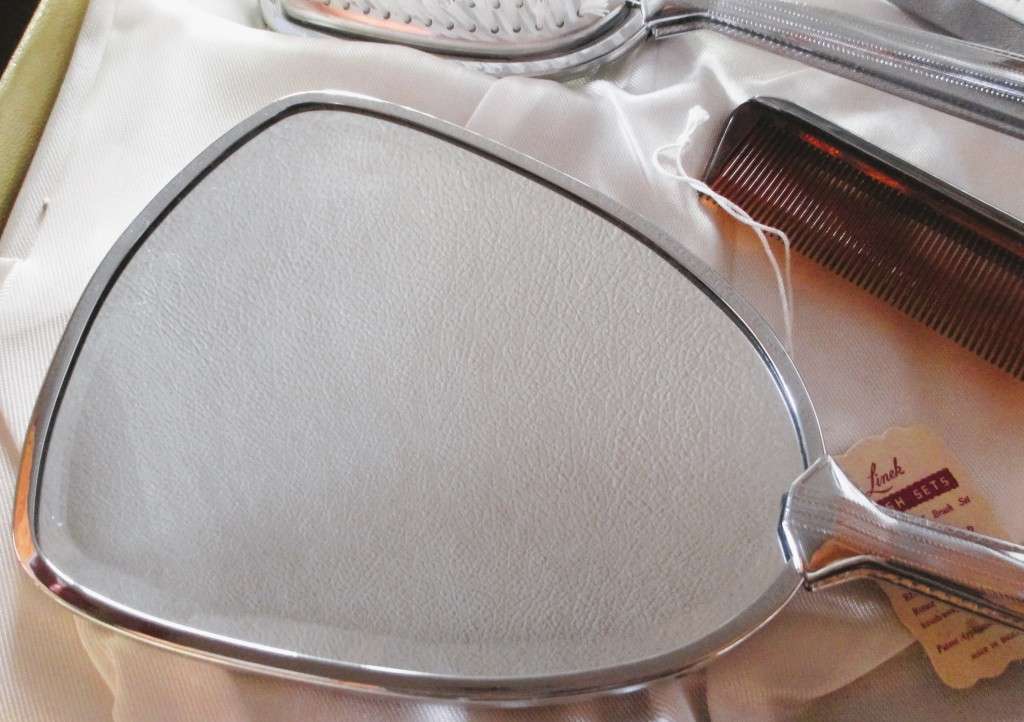 Vtage ladies dressing table set, hair brush, mirror, comb and clothes brush in silver finish, in box