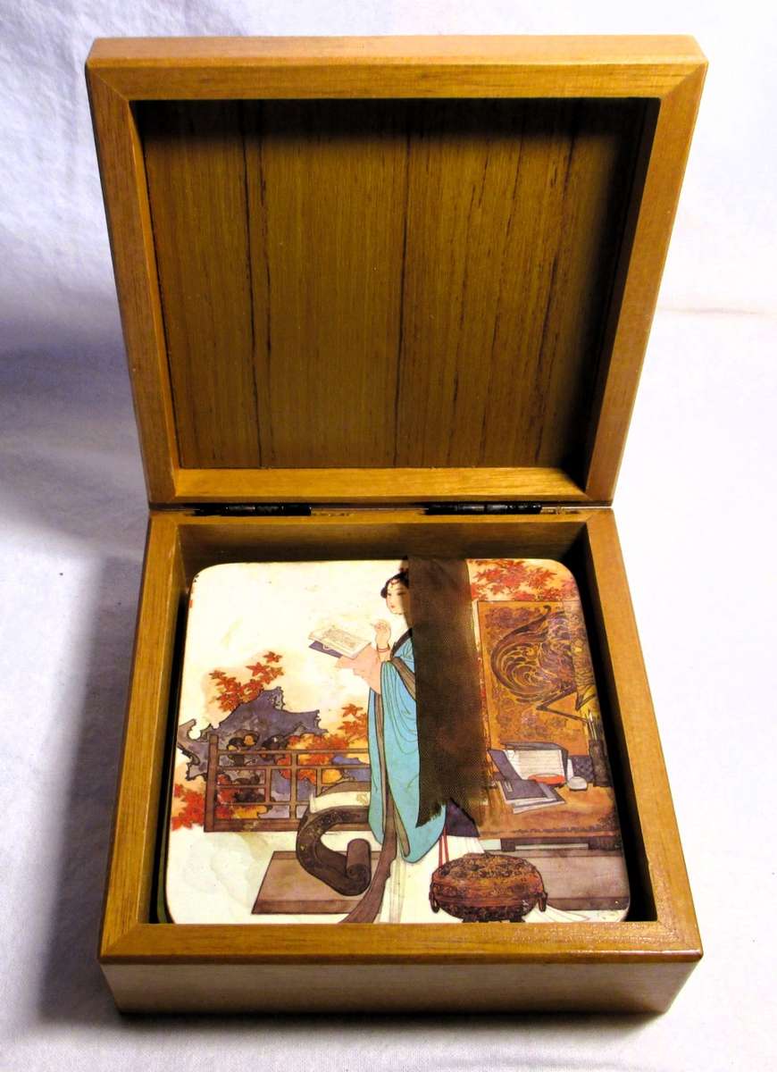 Set of 4 Vintage Japanese Geisha Coasters with Cork Back in Matching Wooden Box