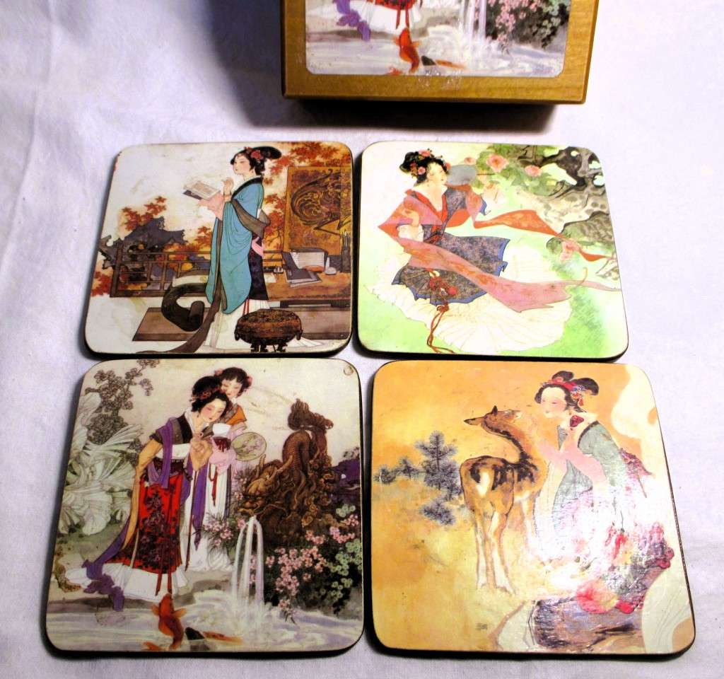 Set of 4 Vintage Japanese Geisha Coasters with Cork Back in Matching Wooden Box