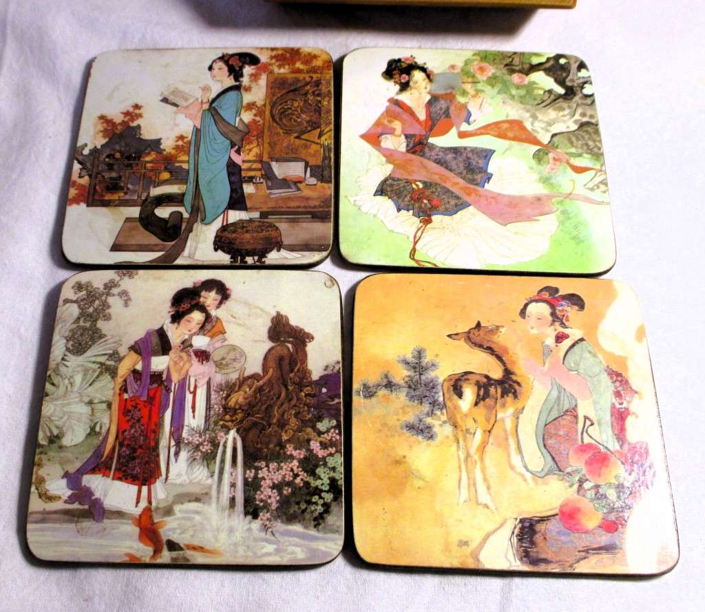 Set of 4 Vintage Japanese Geisha Coasters with Cork Back in Matching Wooden Box