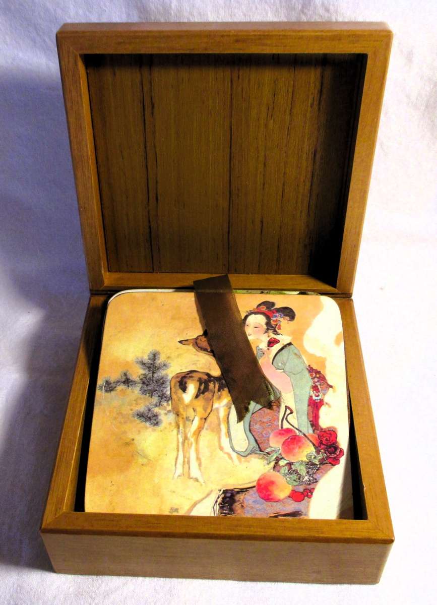 Set of 4 Vintage Japanese Geisha Coasters with Cork Back in Matching Wooden Box