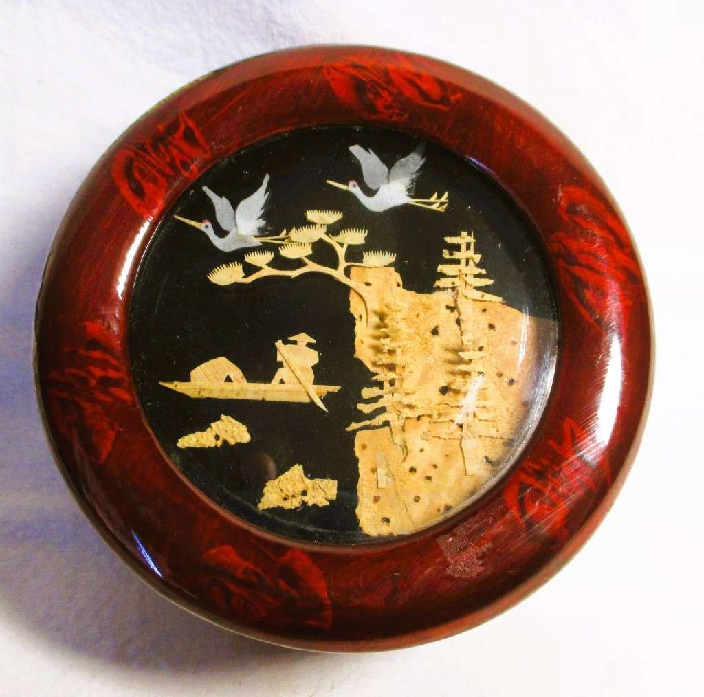 Vintag Cork Carving Round Jewelry Box Oriental Asian design. 100mm diameter. 65mm high. Lovely item.