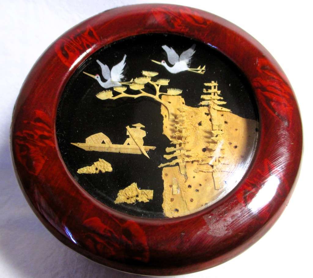 Vintag Cork Carving Round Jewelry Box Oriental Asian design. 100mm diameter. 65mm high. Lovely item.