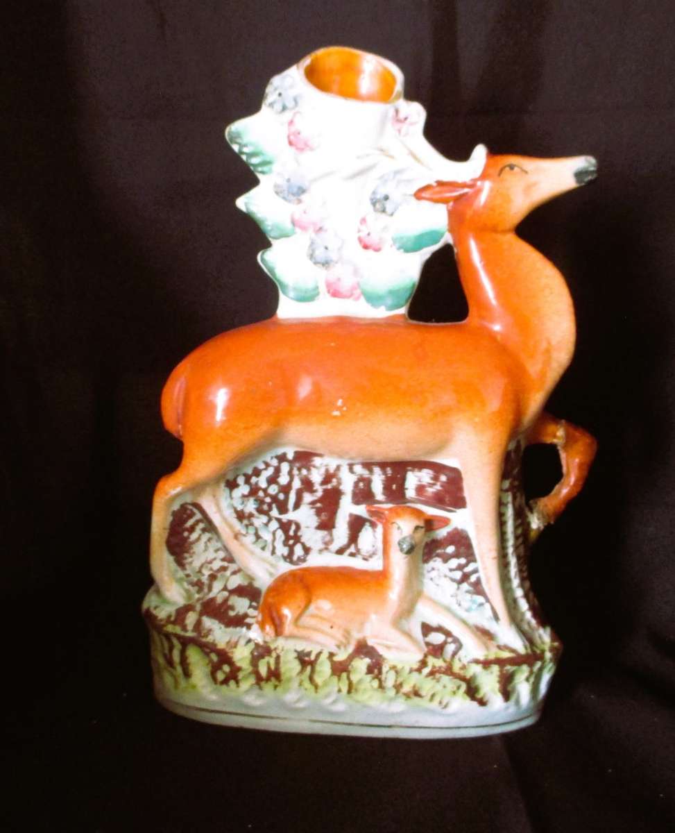 Antique Staffordshire doe/stag spill vase, c. 1870.  RARE Collectable. Fixed. 25x17cm