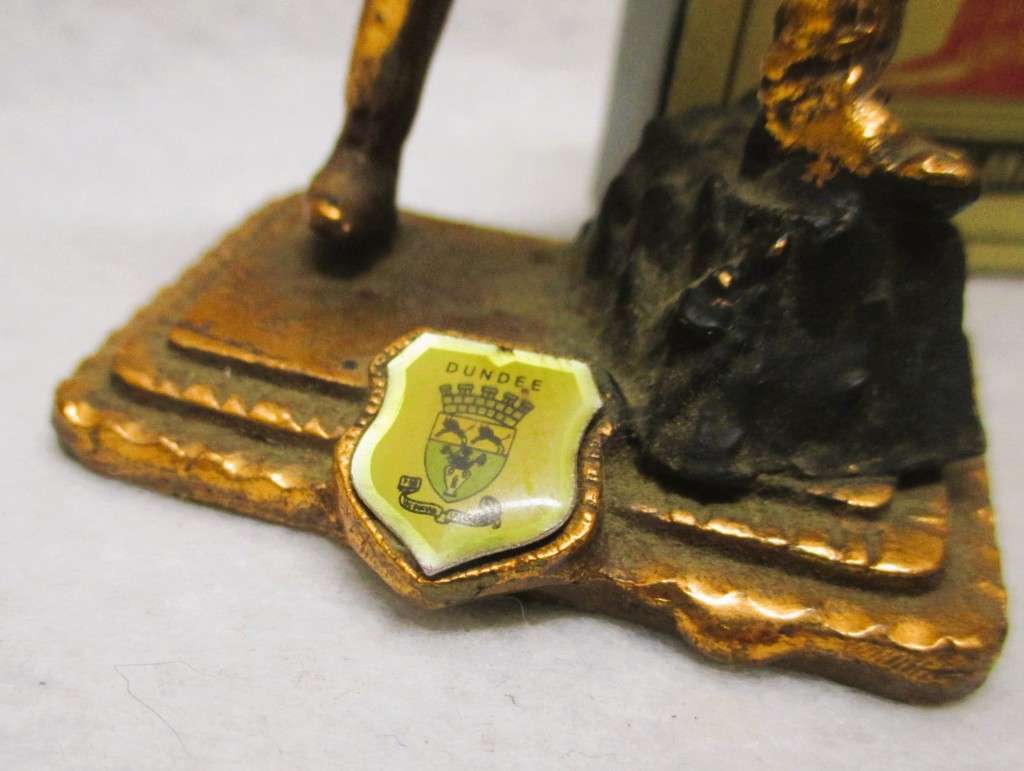 Vintage Miniture brass mining figurenes with Dundee Crest. scale as per photo