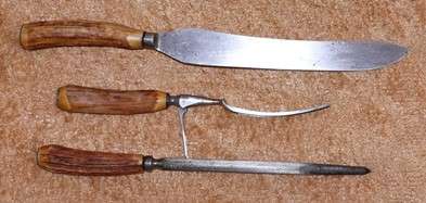 Vintage Bone Handle Carving Knife, Fork And Sharpener Set