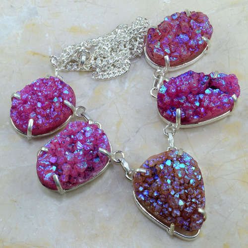 Sparkly  Fushia Druzy Crystal Handcrafted Silver Fashion Necklace