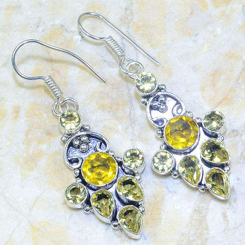 Eye Catching Citrine Cluster Handcrafted Silver Fashion Earrings