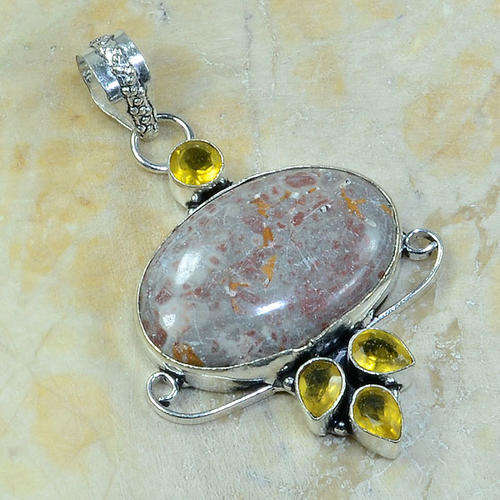 Romantic Ocean Jasper and Citrine Quartz Handcrafted Silver Fashion Pendant