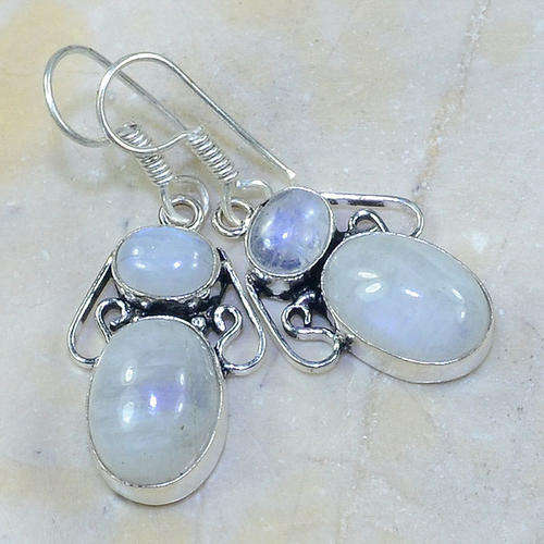 Mystical Moonstone Gemstone Handcrafted Silver Dangly Earrings