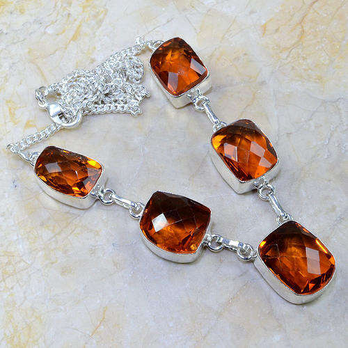 Stunning Orange Crystal Handcrafted Silver Fashion Necklace