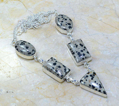 Stunning Geometric Designed Dalmation Jasper Handcrafted Silver Fashion Necklace