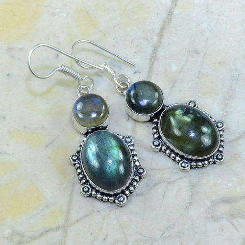 Magical Labradorite Gemstone Handcrafted Silver Dangly Earrings