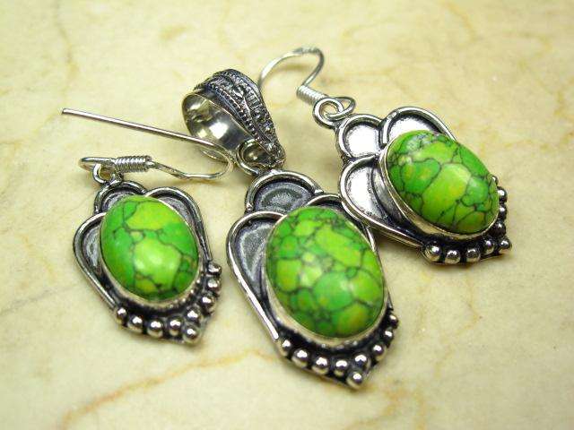 Fancy Green Mosaic Jasper & Silver Pendant - Earrings Set